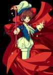  1girl absurdres black_background blue_headwear brown_hair cape cardcaptor_sakura child green_eyes highres holding holding_wand kinomoto_sakura kisumi_rei official_alternate_costume open_mouth red_cape short_hair signature simple_background solo standing twitter_username wand 