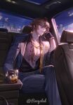  1boy absurdres alcohol antenna_hair black_gloves black_shirt blurry blurry_background breast_pocket brown_eyes brown_hair car_interior city collarbone collared_shirt commentary crossed_legs cup dress_shirt drink earrings english_commentary eyelashes gem genshin_impact glint gloves grey_jacket grey_pants hair_between_eyes hair_ornament hair_over_shoulder highres holding holding_cup ice ice_cube jacket jewelry lapels light_particles long_hair long_sleeves low_ponytail male_focus necktie night open_clothes open_jacket open_shirt orange_gemstone orange_necktie pants parted_lips pectoral_cleavage pectorals pinstripe_pattern pocket pocket_square ponytail recycled ring shirt shirt_tucked_in sidelocks sideways_glance single_earring sitting solo striped striped_jacket striped_pants tie_clip tumbler_glass undone_necktie vertical-striped_jacket vertical-striped_pants vertical_stripes watch window wing_collar wristwatch zhongli_(genshin_impact) 