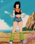  1girl absurdres android_17 bandana belt belt_buckle black_hair blue_eyes blue_sky breasts brown_belt buckle bush clenched_hands cloud commentary_request commission crop_top denim denim_shorts detached_sleeves dragon_ball dragon_ball_z dust full_body genderswap genderswap_(mtf) highres loose_socks medium_breasts midriff navel official_style orange_bandana salvamakoto shoes short_shorts shorts signature sky sneakers socks solo spanish_commentary toriyama_akira_(style) 