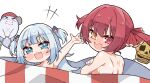  2girls arm_up bloop_(gawr_gura) blue_hair blush breasts covering_breasts covering_privates dokuro-kun_(houshou_marine) gawr_gura grey_hair hair_ornament heterochromia highres hololive hololive_english houshou_marine kukie-nyan large_breasts long_hair looking_at_viewer medium_hair multicolored_hair multiple_girls open_mouth red_eyes red_hair shark_hair_ornament sidelocks small_breasts smile streaked_hair twintails two_side_up virtual_youtuber yellow_eyes 