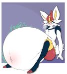  anthro belly big_belly blush cinderace clothed clothing digital_media_(artwork) expansion fur furr3ak generation_8_pokemon hair hi_res inflation male nintendo pokemon pokemon_(species) simple_background solo text 