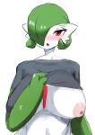  absurd_res areola blush breasts clothed clothing clothing_lift female front_view gardevoir generation_3_pokemon green_body hi_res humanoid menyang nintendo nipples open_mouth pink_areola pink_blush pink_nipples pokemon pokemon_(species) red_body red_eyes shirt shirt_lift simple_background solo topwear white_background white_body 