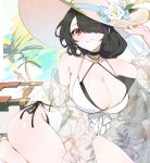  1girl absurdres bikini black_hair blue_archive breasts cleavage earrings flower hair_over_one_eye hat highres hinata_(blue_archive) hinata_(swimsuit)_(blue_archive) jewelry large_breasts long_hair looking_at_viewer one-piece_swimsuit red_eyes side-tie_bikini_bottom solo swimsuit thick_thighs thighs urosu_(678_ner) 