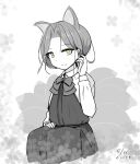  1girl animal_ears artist_name collared_shirt commentary_request curse_(023) dated dress dress_shirt forehead greyscale halter_dress halterneck kantai_collection monochrome parted_bangs school_uniform shirt short_hair sitting smile solo tamanami_(kancolle) wolf_ears 