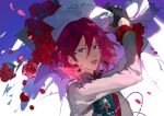  1boy absurdres blue_background blue_eyes bouquet bow ensemble_stars! flower glasses green_bow grey_jacket highres holding holding_bouquet holding_flower jacket long_sleeves male_focus multicolored_background open_mouth petals pink_hair red_flower red_rose rose rose_petals saegusa_ibara short_hair smile solo teeth white_background yhsg 