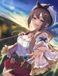  1girl atelier_(series) atelier_ryza belt blush breasts brown_belt brown_eyes brown_hair cleavage detached_sleeves flask grass hair_ornament hairclip highres holding holding_staff jacket jewelry large_breasts leather_belt lens_flare looking_at_viewer necklace open_mouth outdoors reaching reaching_towards_viewer red_shorts reisalin_stout round-bottom_flask short_hair short_shorts shorts sleeveless sleeveless_jacket smile solo staff star_(sky) star_(symbol) star_necklace sunrise vial white_headwear yanu yellow_jacket 