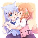  2girls ^_^ afterimage animal_ear_fluff animal_ears araki495 black_skirt blue_eyes blue_hair blue_vest blush brown_hair cat_day cat_ears cat_girl cat_tail closed_eyes collared_shirt commentary_request dog_ears dog_girl dog_tail fang gochuumon_wa_usagi_desu_ka? highres hoto_cocoa kafuu_chino kemonomimi_mode licking licking_another&#039;s_cheek licking_another&#039;s_face long_hair multiple_girls one_eye_closed open_mouth pink_vest puffy_short_sleeves puffy_sleeves rabbit_house_uniform revision shirt short_sleeves skirt tail tail_wagging uniform very_long_hair vest waitress white_shirt yuri 