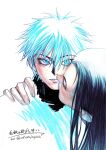  2boys black_hair blue_eyes brothers hand_on_another&#039;s_shoulder highres hunter_x_hunter illumi_zoldyck killua_zoldyck long_hair looking_at_viewer male_child male_focus multiple_boys short_hair siblings signature simple_background upper_body wdxunfnghhh white_background white_hair 