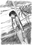  1girl bikini black_hair blunt_bangs bracelet breasts character_request closed_mouth commentary copyright_request expressionless greyscale jewelry long_hair looking_at_viewer medium_breasts monochrome navel ocean palm_tree shin_hen_mori_hisa sidelocks solo standing swimsuit tree 