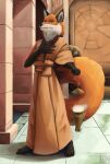  2021 absurd_res anthro barefoot brown_body brown_fur canid canine claws clothing digital_media_(artwork) feet fox fur hi_res holding_object inside lennoxicon looking_at_viewer male mammal monk pathfinder pathfinder:_wrath_of_the_righteous robe solo standing tail 