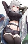  1girl :t absurdres arknights belt black_belt black_shorts black_sweater black_thighhighs breasts commentary_request cowboy_shot crop_top grey_hair highres large_breasts long_hair long_sleeves looking_at_viewer midriff mizuhashi_parusui red_eyes short_shorts shorts skadi_(arknights) skadi_(the_next_afternoon_tea)_(arknights) solo standing sweater thighhighs thighs very_long_hair 