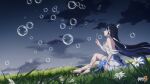  1girl absurdres bare_shoulders barefoot bubble chinese_commentary cloud cloudy_sky colored_inner_hair detached_sleeves dress flower grass highres honkai_(series) honkai_impact_3rd logo long_hair looking_up multicolored_hair official_art official_wallpaper on_grass outdoors plant seele_vollerei seele_vollerei_(herrscher_of_rebirth) sitting sky smile solo white_dress white_flower white_headwear 