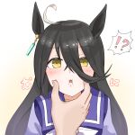  !? 1girl animal_ears black_hair blush commentary_request disembodied_limb earrings face_squeeze gradient_background hair_between_eyes highres horse_ears horse_girl jewelry long_hair long_sleeves looking_at_viewer manhattan_cafe_(umamusume) matsuba_mattsu multicolored_hair school_uniform single_earring solo_focus streaked_hair tracen_school_uniform translation_request umamusume white_hair winter_uniform yellow_eyes 