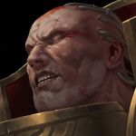  absurdres adrian4rt angron angry armor bald black_background constricted_pupils gold_armor highres imperium_of_man male_focus power_armor primarch red_armor scar signature simple_background teeth veins warhammer_40k white_eyes world_eaters 