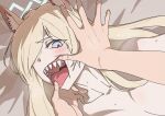  1girl 1other absurdres animal_ear_fluff animal_ears blonde_hair blue_archive blush close-up dog_ears finger_in_another&#039;s_mouth grey_eyes hair_over_one_eye highres kanna_(blue_archive) long_hair mouth_pull nude open_mouth osame sharp_teeth solo_focus sweat teeth tongue tongue_grab tongue_out 