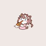 1girl :3 animal_ears blue_eyes blush_stickers bow brown_hair chibi closed_mouth commentary_request ear_ornament food hair_between_eyes holding holding_food holding_pizza horse_ears horse_girl horse_tail multicolored_hair pink_background pink_bow pink_shirt pizza pizza_slice ponytail shirt short_sleeves simple_background solo streaked_hair tail tokai_teio_(umamusume) translation_request umamusume usanote_shiro white_hair 