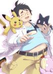  1boy bara belly blush character_request facial_hair feet_out_of_frame grey_hair haiiro_oekaki highres labcoat male_focus merchandise midriff_peek navel neroli_(pokemon) pikachu plump pokemon pokemon_(creature) pokemon_(game) pokemon_sleep round_eyewear short_hair shorts sleep_mask snorlax solo_focus stubble thick_eyebrows yellow_shorts 