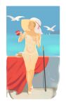 beach bird blonde_hair breasts cane flat_chest food highres moitasart nipples nude original small_breasts thighs 