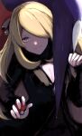  1girl black_coat blonde_hair breasts cleavage closed_mouth coat commentary cynthia_(pokemon) eyelashes fur-trimmed_coat fur_collar fur_trim garchomp grey_eyes hair_ornament hair_over_one_eye highres holding holding_poke_ball long_hair long_sleeves looking_at_viewer poke_ball poke_ball_(basic) pokemon pokemon_(creature) pokemon_(game) pokemon_dppt smile ume_(ume_445) 