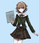  1boy black_ribbon blush brown_eyes brown_hair brown_skirt cowboy_shot danganronpa:_trigger_happy_havoc danganronpa_(series) flipped_hair fujisaki_chihiro green_jacket grey_background jacket long_sleeves neck_ribbon otoko_no_ko pleated_skirt ribbon short_hair simple_background skirt smile solo zui_nianshao 