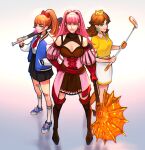  3girls axe bare_shoulders baseball_bat black_footwear black_skirt blue_eyes blue_footwear boots bow breasts brown_hair chewing_gum cleavage closed_mouth commentary crossover crown detached_sleeves dress earrings english_commentary fire_emblem fire_emblem:_three_houses full_body golf_club hair_bow hand_in_pocket hand_on_own_hip highres hilda_valentine_goneril holding holding_axe holding_baseball_bat holding_golf_club holding_weapon hoop_earrings jacket jewelry kunio-kun_series kyoko_(kunio-kun) large_breasts letterman_jacket lips long_hair looking_at_viewer mario_(series) mario_golf multiple_girls necktie orange_hair pink_dress pink_hair pink_lips pleated_skirt ponytail princess_daisy red_bow red_necktie river_city_girls sethkiel shirt shoes short_sleeves simple_background skirt sneakers socks trait_connection weapon white_shirt white_skirt white_socks yellow_shirt 