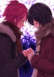  2boys akazaki_(sxlan) black_hair blush closed_eyes ensemble_stars! facing_another green_eyes half_updo highres holding_hands isara_mao looking_at_another multiple_boys open_mouth pink_hair sakuma_ritsu scarf winter_clothes yaoi 