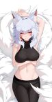  1girl absurdres animal_ear_fluff animal_ears arm_behind_head arm_up armpits bare_arms bare_shoulders black_leggings black_shirt breast_hold breasts bright_pupils choker cleavage crop_top facial_mark fox_ears fox_girl fox_tail grin highres kitsune large_breasts leggings lessone lying midriff mole mole_under_eye multiple_tails navel nijisanji nijisanji_en nina_kosaka on_back on_bed one_eye_closed red_choker red_eyes ribbon_choker see-through see-through_cleavage shirt sleeveless sleeveless_shirt smile solo stomach tail virtual_youtuber white_hair 