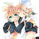  blonde_hair blue_eyes bow detached_sleeves glomp hair_bow hair_ornament hairclip highres hug kagamine_len kagamine_rin leeannpippisum leg_warmers necktie sailor_collar shorts vocaloid white_bow 