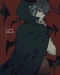  1boy bat_(animal) black_eyes black_hood black_pants brown_vest character_name demon_boy demon_horns facing_to_the_side funamusea gloves grey_hair hood hood_down horns killisaki_(funamusea) looking_at_viewer male_focus pants red_background shirt short_hair solo tki vampire vest white_gloves white_shirt 