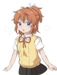  1girl :o black_skirt blue_eyes blush brown_hair collared_shirt commentary_request dotted_line hair_between_eyes hair_ribbon koshigaya_natsumi looking_at_viewer neck_ribbon non_non_biyori open_mouth pleated_skirt ponytail red_ribbon ribbon school_uniform shika_(s1ka) shirt simple_background skirt solo sweater_vest white_background white_ribbon white_shirt 