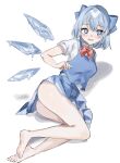  1girl absurdres ass barefoot blue_bow blue_dress blue_eyes blue_hair blush bow bowtie breasts cirno dress full_body hair_bow highres ice ice_wings looking_at_viewer lying medium_breasts noyama_(prosiuttooishi) on_side open_mouth pinafore_dress red_bow red_bowtie shadow short_hair simple_background sleeveless sleeveless_dress solo touhou white_background wings 
