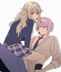  1boy 1girl ap5ry blue_hair blue_jacket blue_skirt blush cardigan closed_mouth collared_shirt commentary_request diagonal-striped_necktie green_hair grey_cardigan hair_flaps jacket kamishiro_rui kamiyama_high_school_uniform_(project_sekai) kusanagi_nene long_hair long_sleeves looking_at_viewer low_tied_sidelocks lying multicolored_hair on_back partial_commentary plaid plaid_skirt pleated_skirt project_sekai purple_hair school_uniform shirt simple_background sitting sitting_on_person skirt smile streaked_hair white_background white_shirt yellow_eyes 