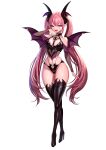  1girl arm_at_side bare_shoulders black_footwear black_horns boots breasts brokenspirits commentary_request demon_girl demon_horns demon_wings detached_sleeves double-parted_bangs fang full_body groin hand_up head_wings high_heel_boots high_heels highres horns long_hair looking_at_viewer medium_breasts navel open_mouth original pink_eyes pink_hair pointy_ears revealing_clothes shiny_skin sidelocks simple_background smile solo standing tachi-e thigh_boots thigh_gap twintails very_long_hair white_background wings 