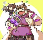  anthro belly belt blush brown_hair clothing coat duo eyewear gift_box goggles hair human lab_coat lifewonders live_a_hero male mammal moobs okudami overweight ponytail procyonid raccoon topwear viscunam 