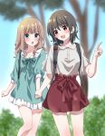  2girls aqua_bow aqua_dress backpack bag blonde_hair blurry blurry_background blush bow bowtie brown_eyes brown_hair brown_shirt bush carrying_bag collar dress green_nails highres holding_hands jewelry long_hair looking_at_another medium_hair multiple_girls necklace original pearl_necklace pointing red_bow red_skirt school_uniform serafuku shirt skirt smile tottoto_tomekichi tree waist_bow white_collar yuri 