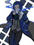  1boy ascot black_pants blue_ascot blue_coat blue_hair chesed_(project_moon) coat colored_smoke cup drinking grey_vest hand_in_pocket holding holding_cup lobotomy_corporation male_focus medium_hair mug nishikujic pants project_moon smoke solo vest white_background 