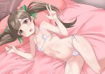  1girl :d absurdres ahoge areola_slip bare_arms bare_shoulders belly bikini blunt_bangs blush breasts brown_eyes brown_hair cameltoe collarbone covered_nipples echihiro feet_out_of_frame from_above green_ribbon hair_ribbon hakozaki_serika hands_up head_on_pillow highres idolmaster idolmaster_million_live! long_hair looking_at_viewer lying micro_bikini navel on_bed on_side open_mouth pillow ribbon side-tie_bikini_bottom small_breasts smile solo stomach strap_gap string_bikini swept_bangs swimsuit twintails v white_bikini 