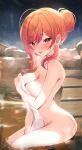  1girl absurdres ass bare_shoulders blush breasts cleavage gradient_hair hair_ornament highres hololive ichijou_ririka large_breasts long_hair looking_at_viewer maru_ccy multicolored_hair naked_towel onsen open_mouth orange_hair pink_hair red_eyes sitting smile solo swept_bangs towel virtual_youtuber wet 