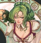  1girl breasts circlet cleavage close-up dress elbow_gloves fire_emblem fire_emblem:_the_sacred_stones gloves green_eyes holding holding_staff iaurencin jewelry l&#039;arachel_(fire_emblem) lips looking_at_viewer medium_breasts multi-tied_hair parted_hair pendant see-through see-through_sleeves smile solo staff v-shaped_eyebrows white_dress white_gloves 