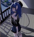  1girl ayahi_4 bare_shoulders black_choker black_headwear black_shirt blue_eyes blue_hair blue_skirt blue_sky blurry breasts chain choker commentary_request earth_(planet) film_grain floor from_side hecatia_lapislazuli hecatia_lapislazuli_(earth) highres looking_at_viewer medium_breasts medium_hair night night_sky off-shoulder_shirt off_shoulder planet polos_crown shadow shirt short_sleeves sidelocks skirt sky solo standing t-shirt teeth touhou wall 