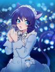  animal_ears black_hair blue_background blue_coat blue_eyes blush cat_ears cat_girl cat_tail cellphone coat coat_dress cyan_(show_by_rock!!) hairband highres lolita_hairband long_sleeves looking_at_viewer mel6969 open_mouth phone short_hair show_by_rock!! smile tail wavy_hair 