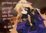  1girl armor blank_eyes blonde_hair blurry blurry_background braid breastplate breasts centurii-chan_(artist) colored_eyelashes commentary covered_navel english_commentary english_text eyes_visible_through_hair gauntlets hand_on_own_face highres large_breasts long_hair open_mouth original purple_eyes purple_robe robe roman_armor side_braid solo sound_effects very_long_hair 
