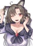  1girl ahoge animal_ears blush breasts brooch brown_hair cleavage dress frilled_sleeves frills gunnjou_yosio hand_in_own_hair highres imaizumi_kagerou jewelry long_hair one_eye_closed open_mouth red_eyes solo teeth touhou white_background wolf_ears 