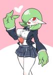  1girl arm_at_side black_jacket blue_bow blue_bowtie blue_skirt blush bob_cut bow bowtie breasts buttons clothed_pokemon collared_shirt colored_skin commentary_request covered_nipples gardevoir green_hair green_skin hair_over_one_eye hand_up happy heart jacket kazamidoririnn layered_sleeves long_sleeves looking_at_viewer medium_breasts miniskirt multicolored_skin one_eye_covered open_clothes open_jacket open_mouth personification pink_background plaid plaid_skirt pleated_skirt pokemon pokemon_(creature) red_eyes school_uniform shiny_skin shirt shirt_tucked_in short_hair simple_background skirt smile solo standing thighs two-tone_background two-tone_skin variant_set white_shirt white_skin 