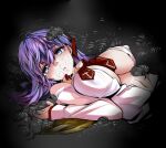  breasts bug cleavage covered_nipples crest_worm crying crying_with_eyes_open cum facial fate/stay_night fate_(series) hair_ribbon heaven&#039;s_feel highres homurahara_academy_school_uniform large_breasts long_hair lying matou_sakura navel on_back open_clothes open_shirt parted_lips purple_eyes purple_hair ribbon school_uniform tears tsukamori_shuuji upper_body worm 