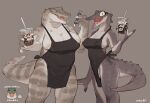  2023 4_fingers alligator alligatorid anthro apron apron_only areola areola_slip bebebebebe bent_arm beverage big_breasts big_eyes biped black_apron black_claws black_clothing black_eyelids black_pupils blush breast_size_difference breasts bulging_breasts chubby_anthro chubby_female claws clothing container countershade_face countershade_torso countershading crocodilian cup digital_drawing_(artwork) digital_media_(artwork) duo english_text eyelids eyes_closed female finger_claws fingers gesture glistening glistening_body glistening_claws glistening_eyes glistening_scales green_body green_scales grey_background grey_body grey_scales half-closed_eyes holding_container holding_cup holding_object holding_pen ineffective_clothing iris looking_at_viewer mostly_nude multicolored_body multicolored_scales narrowed_eyes non-mammal_breasts open_mouth open_smile pen pink_tongue pupils reptile scales scalie simple_background slit_pupils smile smiling_at_viewer spiked_tail spikes spikes_(anatomy) standing suggestive_text tail tan_areola tan_eyes tan_sclera teeth text text_on_cup thick_thighs tongue two_tone_body two_tone_scales waving waving_at_viewer white_body white_claws white_scales white_text 