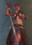 absurd_res anthro argonian armor bethesda_softworks bracers breasts clothed clothing featureless_crotch female hi_res horn melee_weapon nipples non-mammal_breasts non-mammal_nipples partially_clothed pauldron red_body red_scales reptile scales scalie smile solo sword the_elder_scrolls topless tram15vay weapon zweihander 