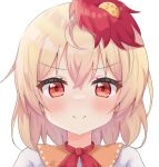  1girl ahoge animal_on_head bird bird_on_head blush chick closed_mouth commentary_request looking_at_viewer multicolored_hair niwatari_kutaka on_head portrait red_eyes red_hair serichii short_hair simple_background smile split_mouth touhou two-tone_hair white_background 