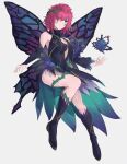  bare_shoulders black_bridal_gauntlets blue_eyes boots breasts cleavage commission facial_mark facing_to_the_side fairy fairy_wings fire_emblem fire_emblem_heroes flower hair_flower hair_ornament hair_vines highres looking_to_the_side medium_breasts miyazakit purple_hair second-party_source skeb_commission solo triandra_(fire_emblem) wings 