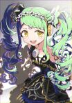  1girl :d absurdres anisakisu blue_hair braid braided_bangs clock commentary_request cowboy_shot falala_a_larm flower fusion garara_s_leep gold_trim green_hair grey_background hair_flower hair_ornament headphones highres idol_time_pripara light_particles long_hair looking_at_viewer open_mouth pretty_series pripara ringlets shadow sidelocks smile solo standing symbol-shaped_pupils twintails very_long_hair white_flower yellow_eyes 